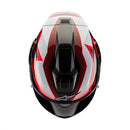 The ALPINESTARS Supertech R10 Helmet in Team Black Carbon/Red/White Gloss offers a sleek design for road racing, with advanced aerodynamics, a clear visor, and eye-catching branding on the sides and chin.