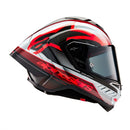 The ALPINESTARS Supertech R10 Helmet in Team Black Carbon/Red/White Gloss offers a sleek design for road racing, with advanced aerodynamics, a clear visor, and eye-catching branding on the sides and chin.