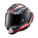 A sleek Supertech R10 racing helmet from Crown Kiwi Enterprises Limited, showcasing a bold design with a matte black carbon, red fluoro, and dark blue finish. It features a tinted visor and prominently displays the Alpinestars logo on the side.