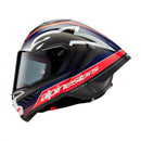 A sleek Supertech R10 racing helmet from Crown Kiwi Enterprises Limited, showcasing a bold design with a matte black carbon, red fluoro, and dark blue finish. It features a tinted visor and prominently displays the Alpinestars logo on the side.