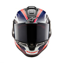 A sleek Supertech R10 racing helmet from Crown Kiwi Enterprises Limited, showcasing a bold design with a matte black carbon, red fluoro, and dark blue finish. It features a tinted visor and prominently displays the Alpinestars logo on the side.