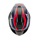 A sleek Supertech R10 racing helmet from Crown Kiwi Enterprises Limited, showcasing a bold design with a matte black carbon, red fluoro, and dark blue finish. It features a tinted visor and prominently displays the Alpinestars logo on the side.