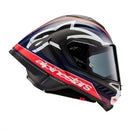 A sleek Supertech R10 racing helmet from Crown Kiwi Enterprises Limited, showcasing a bold design with a matte black carbon, red fluoro, and dark blue finish. It features a tinted visor and prominently displays the Alpinestars logo on the side.