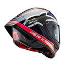 A sleek Supertech R10 racing helmet from Crown Kiwi Enterprises Limited, showcasing a bold design with a matte black carbon, red fluoro, and dark blue finish. It features a tinted visor and prominently displays the Alpinestars logo on the side.