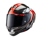The Supertech R10 Helmet Element from Crown Kiwi Enterprises Limited showcases a sleek design in red, black, and white. It offers advanced aerodynamics and a tinted visor, along with prominent branding on the front and sides for a modern, stylish ride.