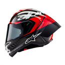 The Supertech R10 Helmet Element from Crown Kiwi Enterprises Limited showcases a sleek design in red, black, and white. It offers advanced aerodynamics and a tinted visor, along with prominent branding on the front and sides for a modern, stylish ride.