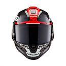 The Supertech R10 Helmet Element from Crown Kiwi Enterprises Limited showcases a sleek design in red, black, and white. It offers advanced aerodynamics and a tinted visor, along with prominent branding on the front and sides for a modern, stylish ride.