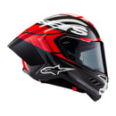 The Supertech R10 Helmet Element from Crown Kiwi Enterprises Limited showcases a sleek design in red, black, and white. It offers advanced aerodynamics and a tinted visor, along with prominent branding on the front and sides for a modern, stylish ride.