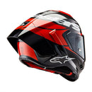 The Supertech R10 Helmet Element from Crown Kiwi Enterprises Limited showcases a sleek design in red, black, and white. It offers advanced aerodynamics and a tinted visor, along with prominent branding on the front and sides for a modern, stylish ride.