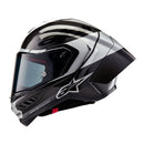 The ALPINESTARS Supertech R10 Helmet Element flaunts a sleek carbon and silver design with advanced aerodynamics. It features a glossy finish, angular patterns, a large tinted visor, and showcases a prominent logo on the front with subtle side text.