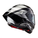 The ALPINESTARS Supertech R10 Helmet Element flaunts a sleek carbon and silver design with advanced aerodynamics. It features a glossy finish, angular patterns, a large tinted visor, and showcases a prominent logo on the front with subtle side text.