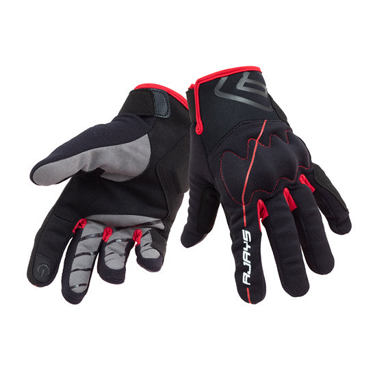 The RJAYS TWIST Glove Blk/Red - Lightweight Street gloves by Rjays feature black and gray anti-slip design with red accents and reinforced palm areas. One glove has a white "SAVAGE" logo on the back. These touch screen compatible gloves are constructed with micro fiber for added durability.