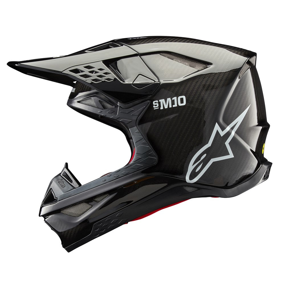 The ALPINESTARS Supertech S-M10 Helmet in Black Gloss Carbon features a sleek design with ventilation slits, an adjustable visor, and a white 