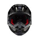 The ALPINESTARS Supertech S-M10 Helmet in Black Gloss Carbon features a sleek design with ventilation slits, an adjustable visor, and a white "SM10" logo near the top, along with the brand's iconic white logo on the side.