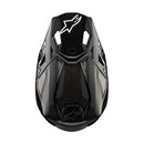 The ALPINESTARS Supertech S-M10 Helmet in Black Gloss Carbon features a sleek design with ventilation slits, an adjustable visor, and a white "SM10" logo near the top, along with the brand's iconic white logo on the side.