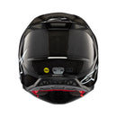 The ALPINESTARS Supertech S-M10 Helmet in Black Gloss Carbon features a sleek design with ventilation slits, an adjustable visor, and a white "SM10" logo near the top, along with the brand's iconic white logo on the side.