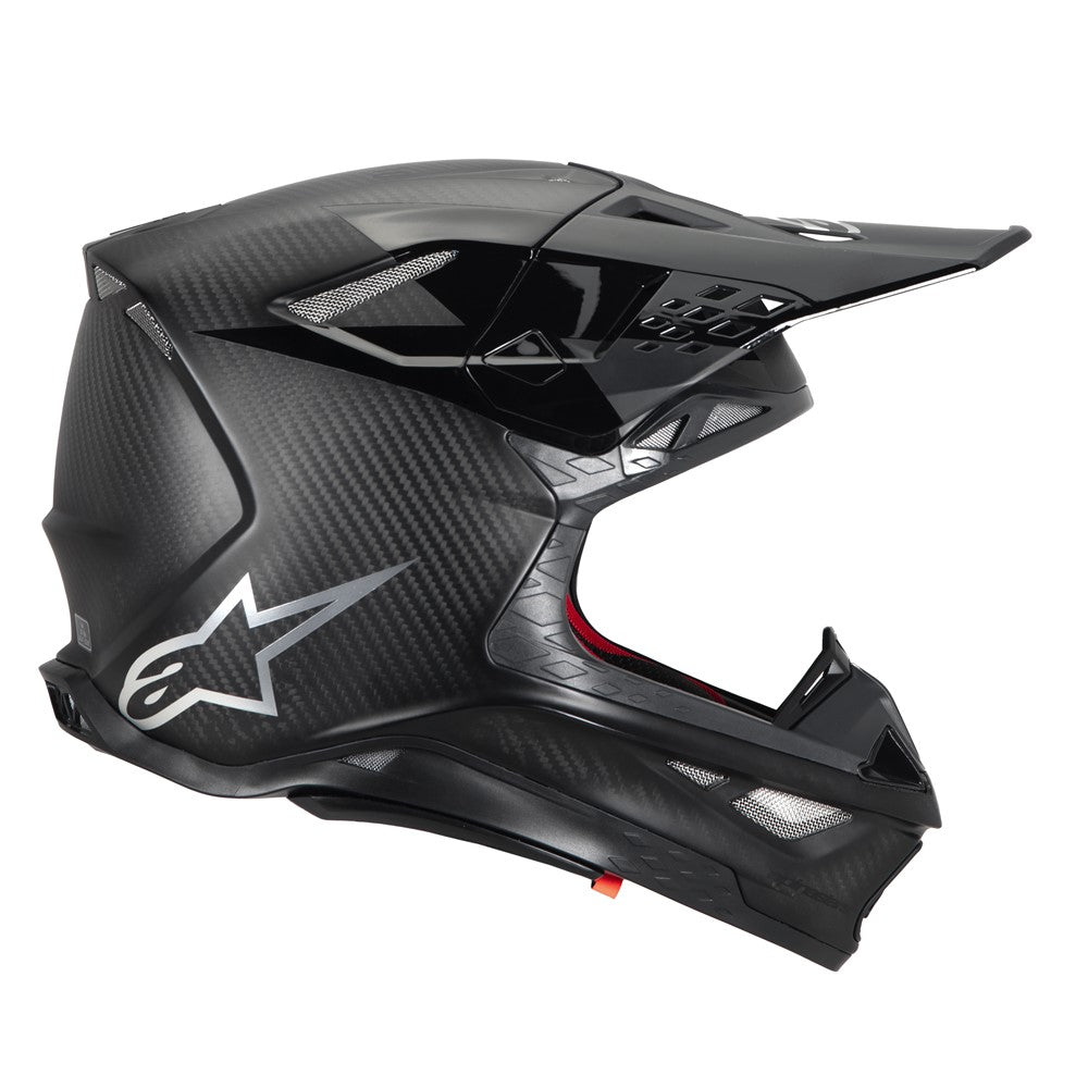 The ALPINESTARS Supertech S-M10 Helmet Black Carbon Matte/Gloss features an aerodynamic profile, sleek design, prominent visor, and glossy finish. A distinctive logo and visible ventilation ensure optimal airflow, reflecting the high standards of Alpinestars' performance-enhancing helmets.