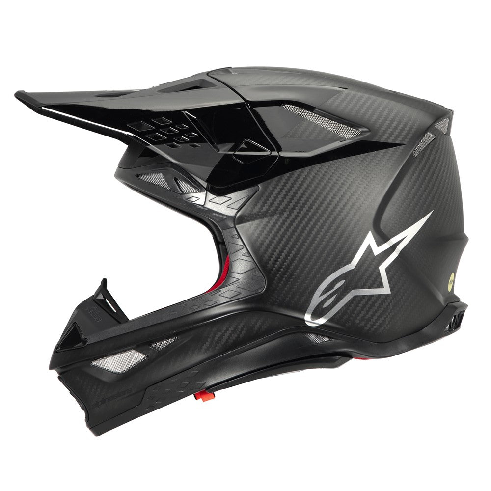The ALPINESTARS Supertech S-M10 Helmet Black Carbon Matte/Gloss features an aerodynamic profile, sleek design, prominent visor, and glossy finish. A distinctive logo and visible ventilation ensure optimal airflow, reflecting the high standards of Alpinestars' performance-enhancing helmets.