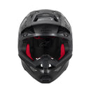 The ALPINESTARS Supertech S-M10 Helmet Black Carbon Matte/Gloss features an aerodynamic profile, sleek design, prominent visor, and glossy finish. A distinctive logo and visible ventilation ensure optimal airflow, reflecting the high standards of Alpinestars' performance-enhancing helmets.