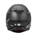 The ALPINESTARS Supertech S-M10 Helmet Black Carbon Matte/Gloss features an aerodynamic profile, sleek design, prominent visor, and glossy finish. A distinctive logo and visible ventilation ensure optimal airflow, reflecting the high standards of Alpinestars' performance-enhancing helmets.