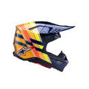 The ALPINESTARS Supertech S-M10 TLD Edition in Dark Blue/Orange/Yellow Fluoro/Red Gloss is an advanced motocross helmet with an aerodynamic profile, vibrant stripes, a prominent visor, strategic ventilation, and a star logo on the side.