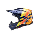The ALPINESTARS Supertech S-M10 TLD Edition in Dark Blue/Orange/Yellow Fluoro/Red Gloss is an advanced motocross helmet with an aerodynamic profile, vibrant stripes, a prominent visor, strategic ventilation, and a star logo on the side.