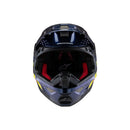 The ALPINESTARS Supertech S-M10 TLD Edition in Dark Blue/Orange/Yellow Fluoro/Red Gloss is an advanced motocross helmet with an aerodynamic profile, vibrant stripes, a prominent visor, strategic ventilation, and a star logo on the side.