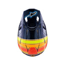 The ALPINESTARS Supertech S-M10 TLD Edition in Dark Blue/Orange/Yellow Fluoro/Red Gloss is an advanced motocross helmet with an aerodynamic profile, vibrant stripes, a prominent visor, strategic ventilation, and a star logo on the side.