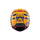 The ALPINESTARS Supertech S-M10 TLD Edition in Dark Blue/Orange/Yellow Fluoro/Red Gloss is an advanced motocross helmet with an aerodynamic profile, vibrant stripes, a prominent visor, strategic ventilation, and a star logo on the side.