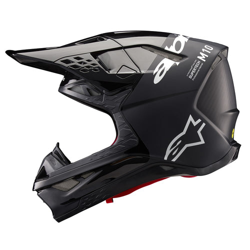 The Supertech S-M10 Helmet Flood Black/Dark Gray by Crown Kiwi Enterprises Limited features a sleek design with a glossy black finish and dark gray accents. Its aerodynamic profile is characterized by angular lines, a protective visor, and strategically placed vents for optimal ventilation.