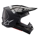 The Supertech S-M10 Helmet Flood Black/Dark Gray by Crown Kiwi Enterprises Limited features a sleek design with a glossy black finish and dark gray accents. Its aerodynamic profile is characterized by angular lines, a protective visor, and strategically placed vents for optimal ventilation.