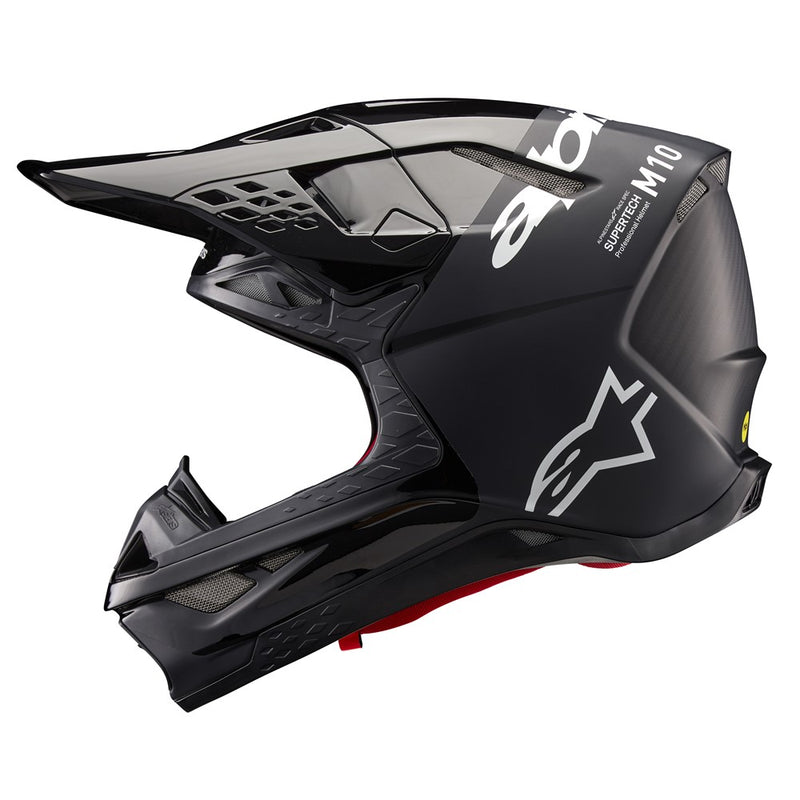 The Supertech S-M10 Helmet Flood Black/Dark Gray by Crown Kiwi Enterprises Limited features a sleek design with a glossy black finish and dark gray accents. Its aerodynamic profile is characterized by angular lines, a protective visor, and strategically placed vents for optimal ventilation.
