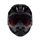 The Supertech S-M10 Helmet Flood Black/Dark Gray by Crown Kiwi Enterprises Limited features a sleek design with a glossy black finish and dark gray accents. Its aerodynamic profile is characterized by angular lines, a protective visor, and strategically placed vents for optimal ventilation.