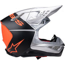 Introducing the stylish Supertech S-M10 Helmet Flood Silver/Black/Orange Fluoro Matte/Gloss from Crown Kiwi Enterprises Limited. This motocross helmet boasts a sleek design with black and silver tones, accented by vivid orange highlights and adorned with a star logo. Its aerodynamic structure includes a prominent visor and efficient venting system, making it an excellent choice for enhancing both safety and style in off-road biking.