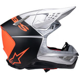Introducing the stylish Supertech S-M10 Helmet Flood Silver/Black/Orange Fluoro Matte/Gloss from Crown Kiwi Enterprises Limited. This motocross helmet boasts a sleek design with black and silver tones, accented by vivid orange highlights and adorned with a star logo. Its aerodynamic structure includes a prominent visor and efficient venting system, making it an excellent choice for enhancing both safety and style in off-road biking.