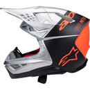 Introducing the stylish Supertech S-M10 Helmet Flood Silver/Black/Orange Fluoro Matte/Gloss from Crown Kiwi Enterprises Limited. This motocross helmet boasts a sleek design with black and silver tones, accented by vivid orange highlights and adorned with a star logo. Its aerodynamic structure includes a prominent visor and efficient venting system, making it an excellent choice for enhancing both safety and style in off-road biking.