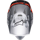 Introducing the stylish Supertech S-M10 Helmet Flood Silver/Black/Orange Fluoro Matte/Gloss from Crown Kiwi Enterprises Limited. This motocross helmet boasts a sleek design with black and silver tones, accented by vivid orange highlights and adorned with a star logo. Its aerodynamic structure includes a prominent visor and efficient venting system, making it an excellent choice for enhancing both safety and style in off-road biking.