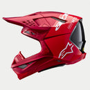The Crown Kiwi Enterprises Limited Supertech S-M10 Flood Red Fluoro/Red Matte/Gloss helmet features a sleek design with aerodynamic elements, including a visor and ventilation openings. This performance-enhancing helmet displays a white star logo on the side against a simple background.