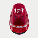 The Crown Kiwi Enterprises Limited Supertech S-M10 Flood Red Fluoro/Red Matte/Gloss helmet features a sleek design with aerodynamic elements, including a visor and ventilation openings. This performance-enhancing helmet displays a white star logo on the side against a simple background.