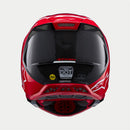 The Crown Kiwi Enterprises Limited Supertech S-M10 Flood Red Fluoro/Red Matte/Gloss helmet features a sleek design with aerodynamic elements, including a visor and ventilation openings. This performance-enhancing helmet displays a white star logo on the side against a simple background.