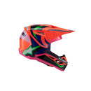 The ALPINESTARS S-M3 Youth Helmet in Deegan Orange Fluoro/Purple/Pink Fluoro Gloss boasts a dynamic and vibrant design. This lightweight helmet provides excellent impact protection and includes a prominent visor, along with sleek aerodynamic contours for optimal performance.