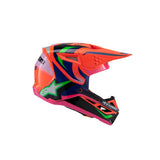 The ALPINESTARS S-M3 Youth Helmet in Deegan Orange Fluoro/Purple/Pink Fluoro Gloss boasts a dynamic and vibrant design. This lightweight helmet provides excellent impact protection and includes a prominent visor, along with sleek aerodynamic contours for optimal performance.