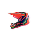 The ALPINESTARS S-M3 Youth Helmet in Deegan Orange Fluoro/Purple/Pink Fluoro Gloss boasts a dynamic and vibrant design. This lightweight helmet provides excellent impact protection and includes a prominent visor, along with sleek aerodynamic contours for optimal performance.