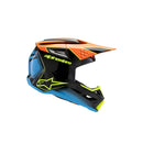 A vibrant youth motocross helmet, the S-M3 Youth Helmet - Fray Black/Orange/Yellow Fluoro Gloss by Crown Kiwi Enterprises Limited boasts a sleek, lightweight design. Featuring a striking combination of black, orange, blue, and lime green colors with a stylized star logo on the side, it ensures both style and impact protection for adventurous riders.
