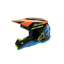 A vibrant youth motocross helmet, the S-M3 Youth Helmet - Fray Black/Orange/Yellow Fluoro Gloss by Crown Kiwi Enterprises Limited boasts a sleek, lightweight design. Featuring a striking combination of black, orange, blue, and lime green colors with a stylized star logo on the side, it ensures both style and impact protection for adventurous riders.
