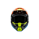 A vibrant youth motocross helmet, the S-M3 Youth Helmet - Fray Black/Orange/Yellow Fluoro Gloss by Crown Kiwi Enterprises Limited boasts a sleek, lightweight design. Featuring a striking combination of black, orange, blue, and lime green colors with a stylized star logo on the side, it ensures both style and impact protection for adventurous riders.
