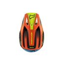 A vibrant youth motocross helmet, the S-M3 Youth Helmet - Fray Black/Orange/Yellow Fluoro Gloss by Crown Kiwi Enterprises Limited boasts a sleek, lightweight design. Featuring a striking combination of black, orange, blue, and lime green colors with a stylized star logo on the side, it ensures both style and impact protection for adventurous riders.