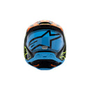 A vibrant youth motocross helmet, the S-M3 Youth Helmet - Fray Black/Orange/Yellow Fluoro Gloss by Crown Kiwi Enterprises Limited boasts a sleek, lightweight design. Featuring a striking combination of black, orange, blue, and lime green colors with a stylized star logo on the side, it ensures both style and impact protection for adventurous riders.