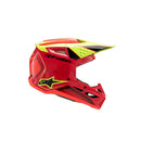 Introducing the S-M3 Youth Helmet in Fray Red/Yellow Fluoro/Black Gloss by Crown Kiwi Enterprises Limited. This helmet features a vivid red and yellow design with black accents and includes a visor adorned with the brand's logo. Specifically crafted for MX Enduro off-road adventures, it boasts an aerodynamic build and integrated ventilation openings to enhance airflow. Its superior impact protection guarantees safety on every ride.