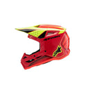 Introducing the S-M3 Youth Helmet in Fray Red/Yellow Fluoro/Black Gloss by Crown Kiwi Enterprises Limited. This helmet features a vivid red and yellow design with black accents and includes a visor adorned with the brand's logo. Specifically crafted for MX Enduro off-road adventures, it boasts an aerodynamic build and integrated ventilation openings to enhance airflow. Its superior impact protection guarantees safety on every ride.